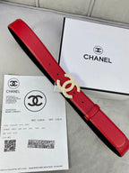 Red leather belt with Chanel gold-tone double C buckle and pointed belt end