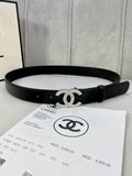 Chanel belt with black leather strap and rhinestone CC buckle, with eyelet holes