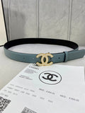 Light blue Chanel belt with gold-toned CC buckle and punched adjustment holes.