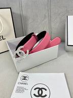 Chanel belt with pink leather straps and rhinestone CC logo buckle