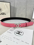 Chanel belt in pink leather with black lining and rhinestone CC buckle