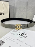 Chanel belt in light gray leather with gold-tone CC logo buckle and punched holes