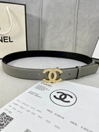 Chanel belt in light gray leather with gold-tone CC logo buckle and punched holes