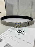Grey leather belt with blue-and-gold CC logo buckle detail