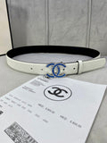 Chanel belt with light leather strap and blue jeweled CC buckle