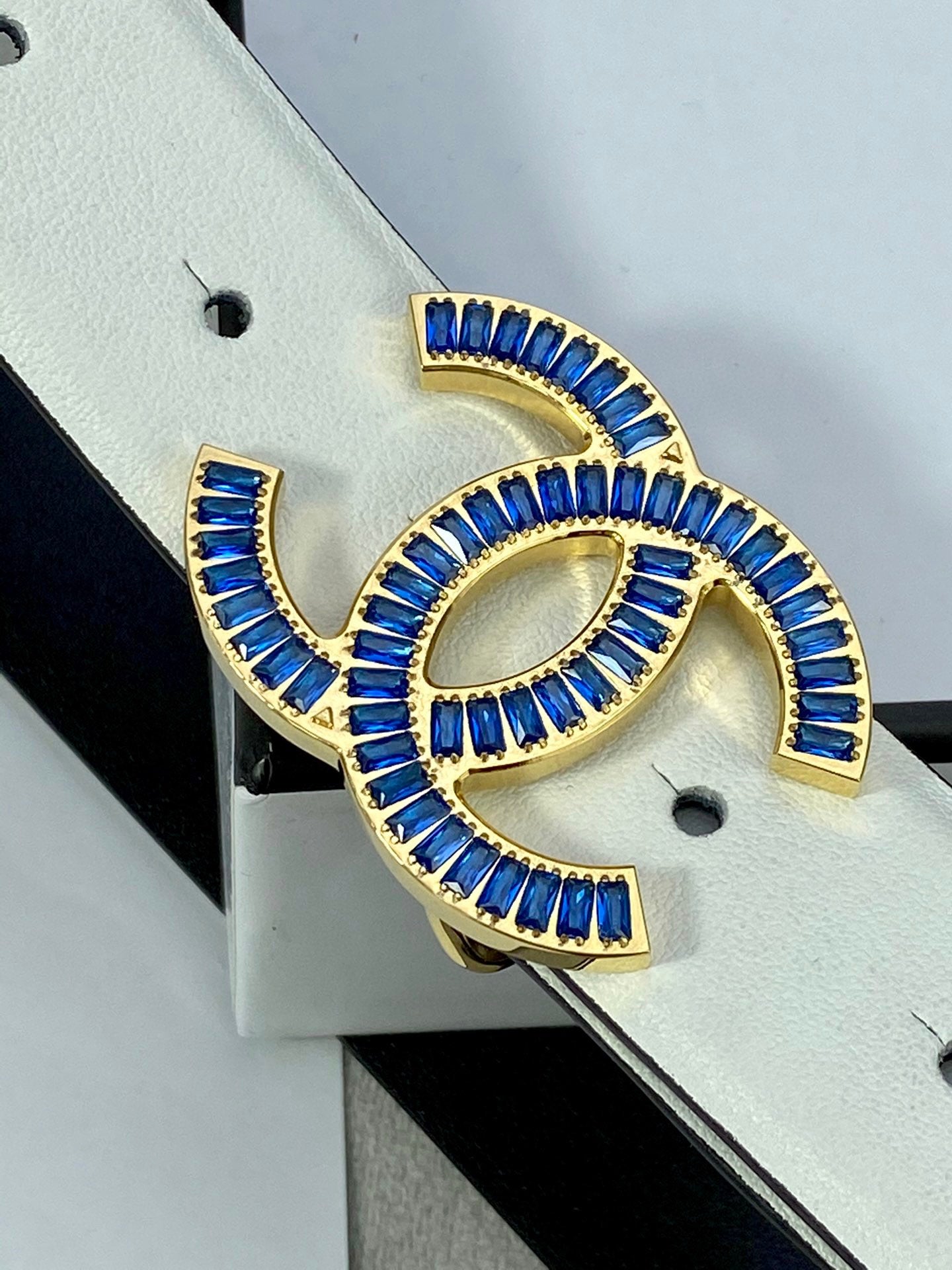 Chanel belt buckle, blue jeweled CC with gold-tone accents