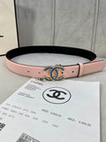 Pink leather belt with black underside and blue gold CC logo buckle