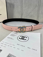 Pink leather belt with black underside and blue gold CC logo buckle
