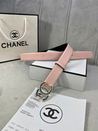 Pink leather belt with adjustable holes and blue gold CC emblem buckle