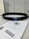Chanel black leather belt with blue and gold CC logo buckle