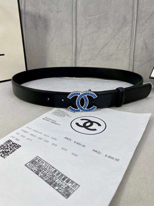 Chanel black leather belt with blue and gold CC logo buckle