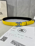 Yellow Chanel belt with blue CC logo buckle and black inner lining
