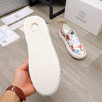 White sneaker outsole with textured tread pattern and logo-style emboss.
