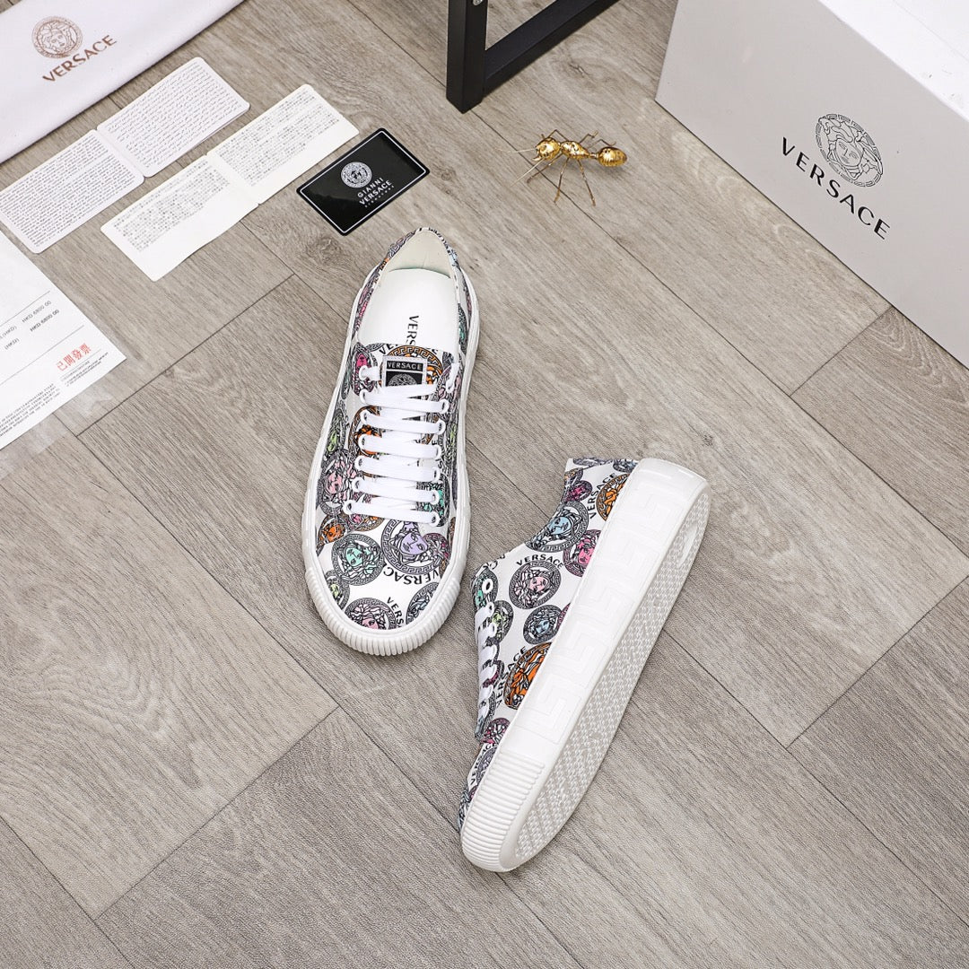 Versace sneakers, pair shown: multicolor printed canvas upper with white laces