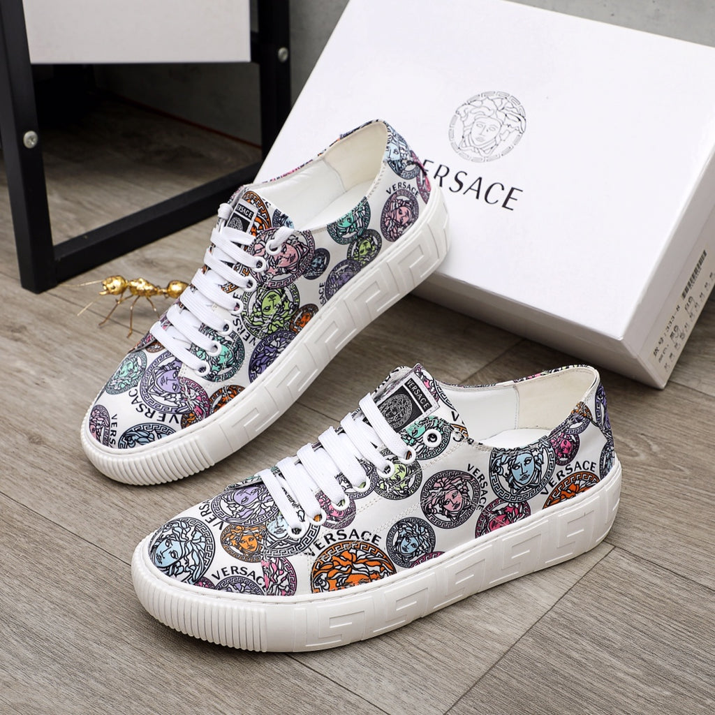 Versace sneakers, multicolor patterned upper with white rubber sole and lace-up front