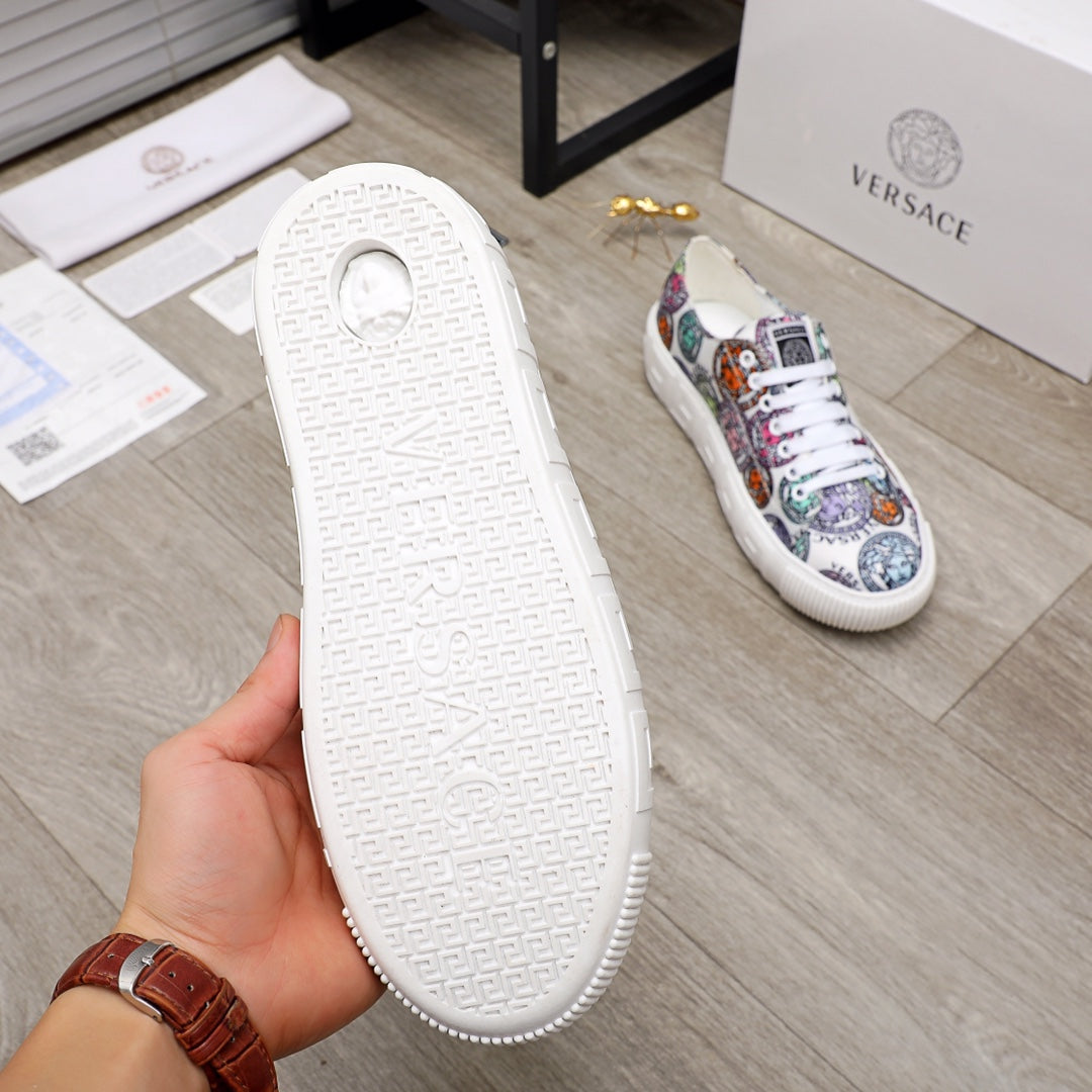 Versace sneakers outsole view: white textured rubber sole with no-slip tread pattern