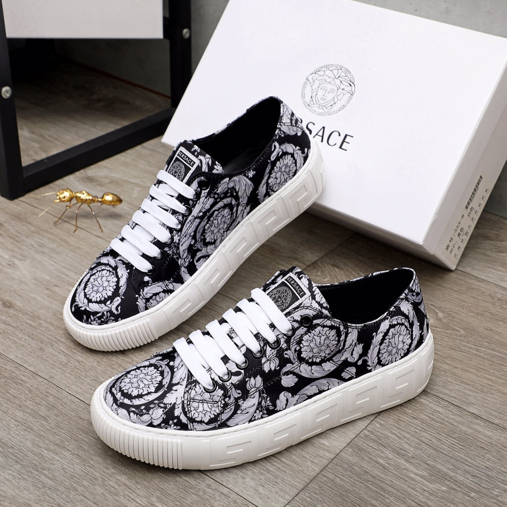 Versace luxury sneakers with black-and-white baroque pattern, white laces, low profile sole