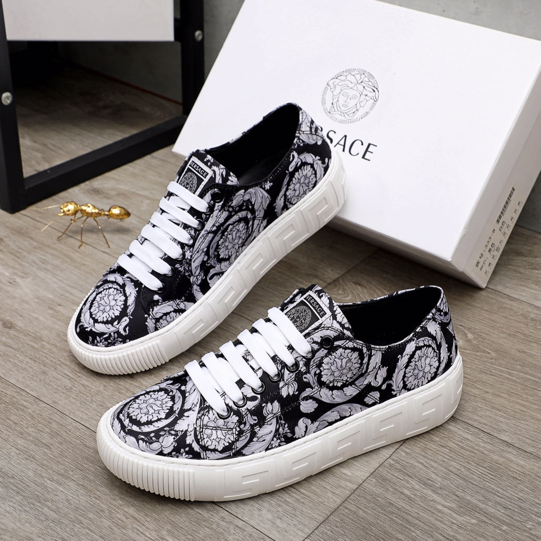 Versace luxury sneakers with black-and-white baroque pattern, white laces, low profile sole