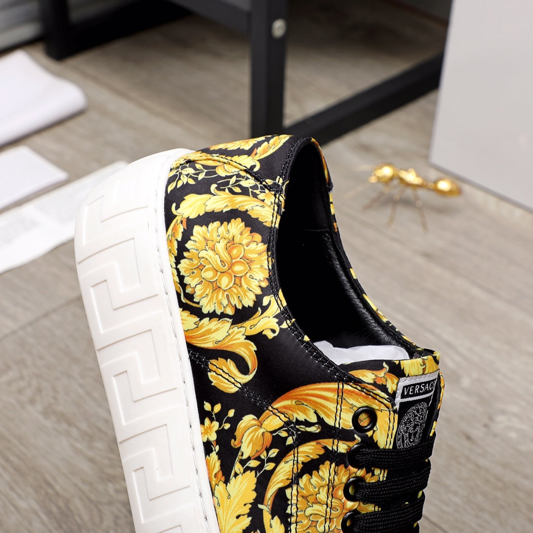 Versace luxury sneaker, black and gold baroque print, lace-up, white sole edge