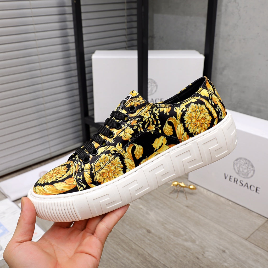 Versace luxury sneakers, black and gold baroque print, lace-up, thick white platform sole