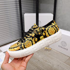 Versace luxury sneakers, black and gold baroque print, lace-up, thick white platform sole