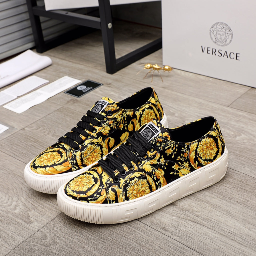Versace luxury sneakers, black and gold baroque print, white rubber sole, lace-up