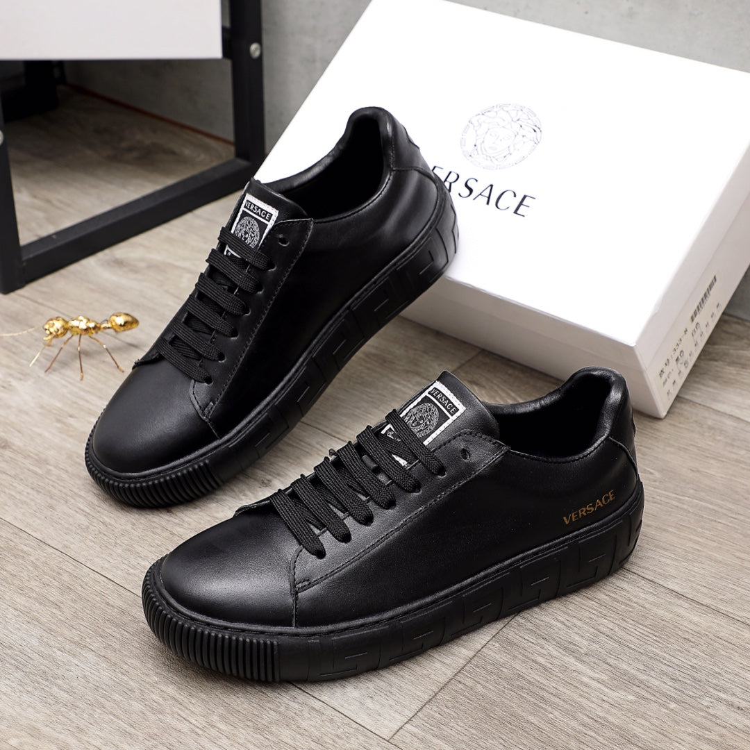 Versace black leather sneakers, lace-up design with side branding detail
