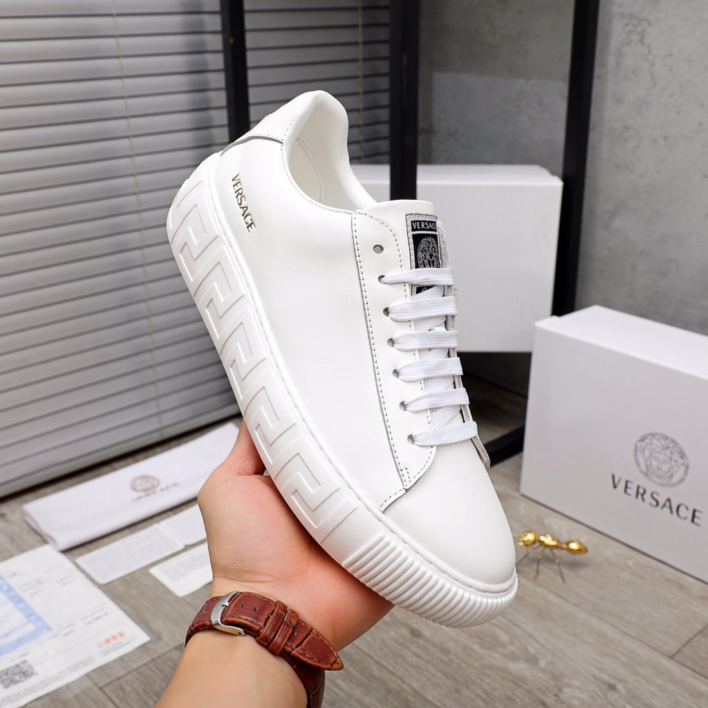 Versace white leather lace-up sneaker with padded collar and textured side sole pattern