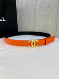Chanel belt with orange leather strap and gold-tone round logo buckle