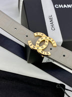 Beige Chanel belt buckle close-up with engraved circular logo on embossed strap