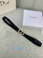 Black leather belt with gold-tone CD buckle