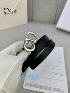 Black leather belt with silver-tone CD buckle