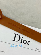 Tan belt strap with Made in Italy stamp and Dior logo print