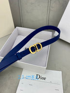 Blue Dior belt with CD logo buckle, angled view in its gift box.