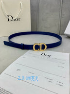 Blue Dior belt with CD logo buckle, shown laid flat on a surface.