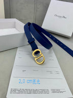 Blue Dior belt with gold-tone CD buckle, placed across paperwork.