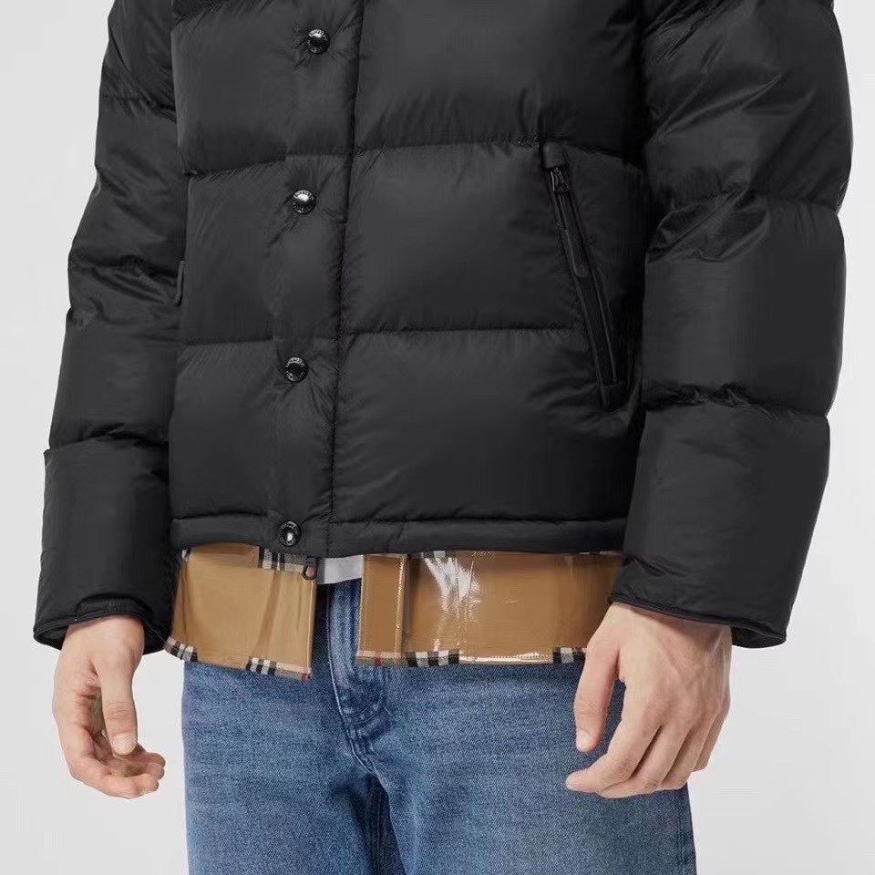 Burberry long quilted puffer jacket front with snap buttons and side drawstrings