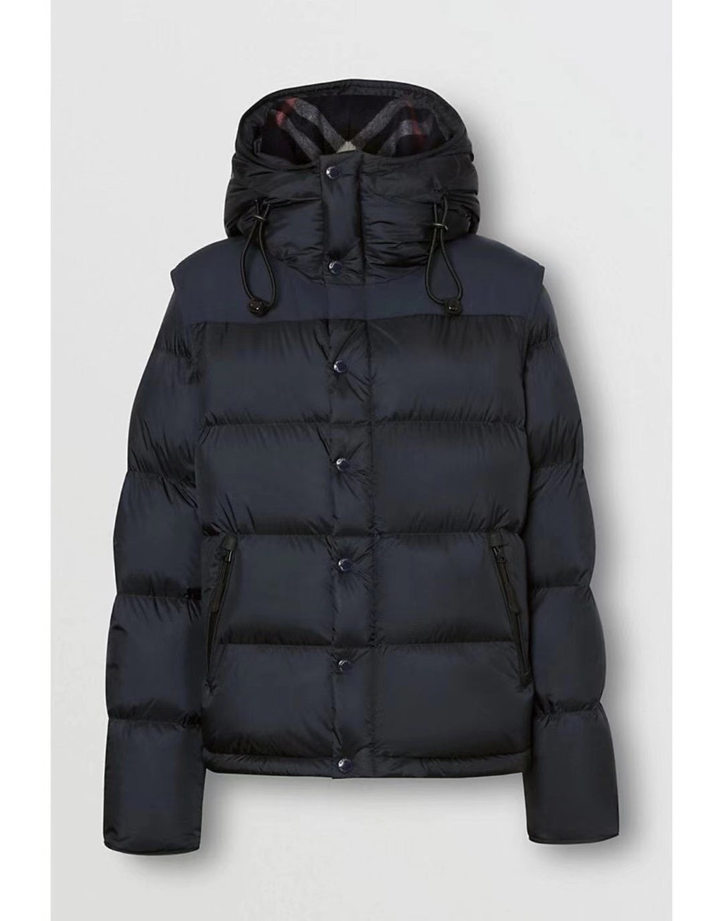 Burberry long hooded puffer jacket, dark navy, quilted front and drawstring