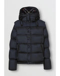 Burberry long hooded puffer jacket, dark navy, quilted front and drawstring