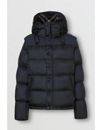 Burberry long hooded puffer jacket, dark navy, quilted front and drawstring