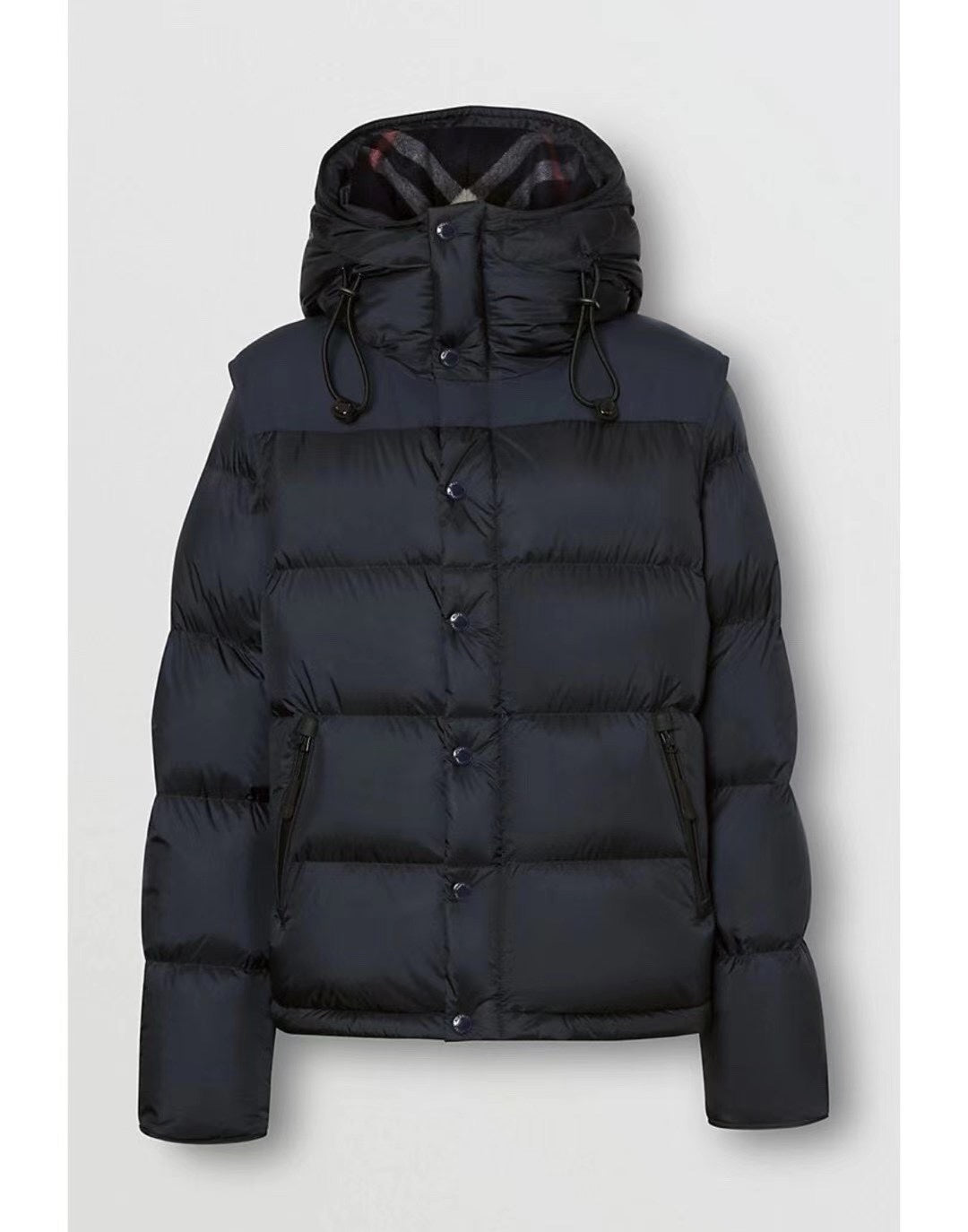 Burberry long hooded puffer jacket, dark navy, quilted front and drawstring