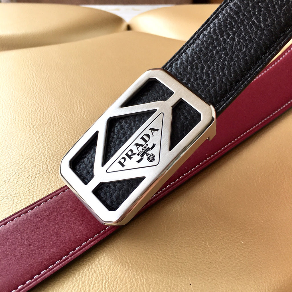 Prada belt black leather with burgundy edge and silver logo buckle detail