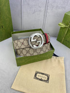 Gucci belt in box, beige GG canvas with red strap and silver buckle with dust bag