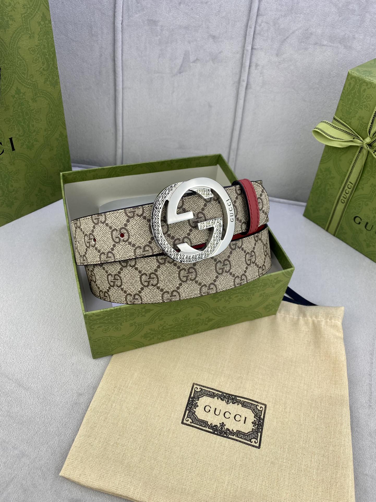 Gucci belt in box, beige GG canvas with red strap and silver buckle with dust bag