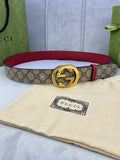 Gucci belt, beige GG canvas with red strap and gold double-G buckle