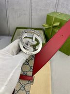 Logo-print belt buckle with silver-tone metal and red leather strap