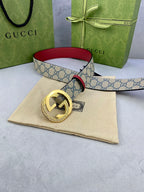 Logo-print belt with red leather edge and gold-tone round buckle