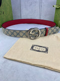 Logo-print belt with red leather trim and silver round buckle