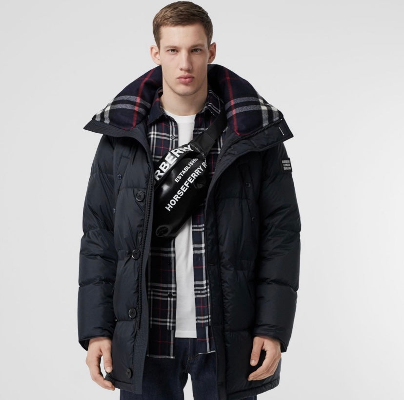 Burberry long hooded puffer jacket with plaid hood lining and button front