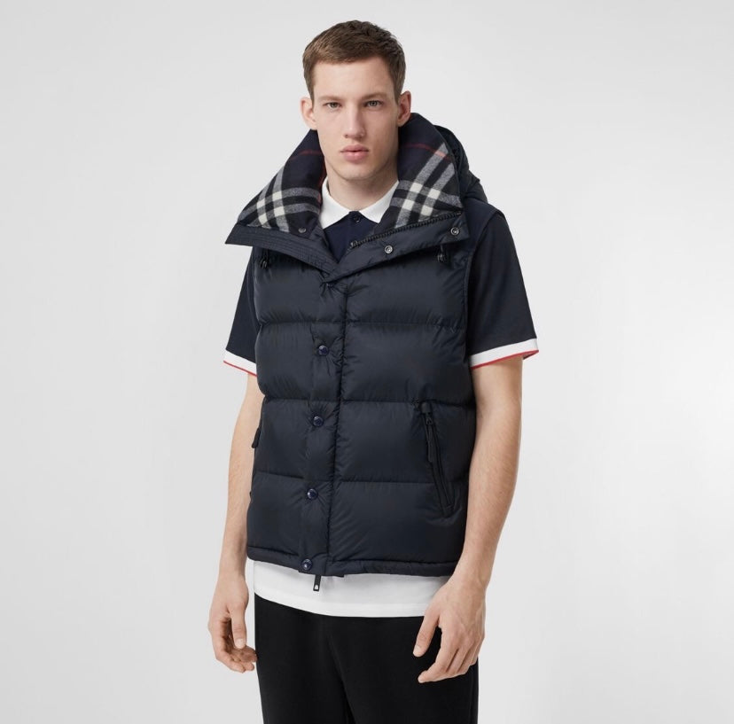 Burberry long hooded puffer jacket with drawstring hem, dark navy quilted panels